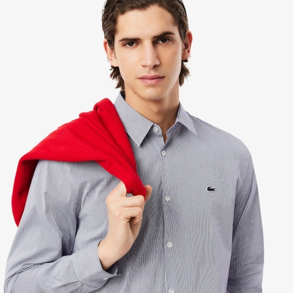 Lacoste Men's Slim Fit Striped Long Sleeve Button Up Stretch Poplin Shirt 15 3/4